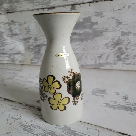 Otagiri vase pansey floral MCM hand painted Japan cottagecore speckled cream - Picture 1 of 8